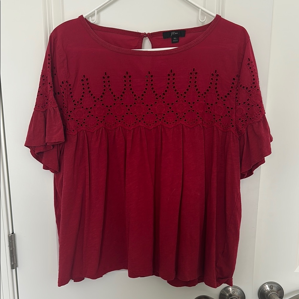 J. Crew Red Flutter Sleeve Eyelet Blouse